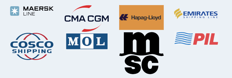 Collection of various shipping line logos, showcasing Model Cargo Moovers' partnerships and affiliations in the industry.
